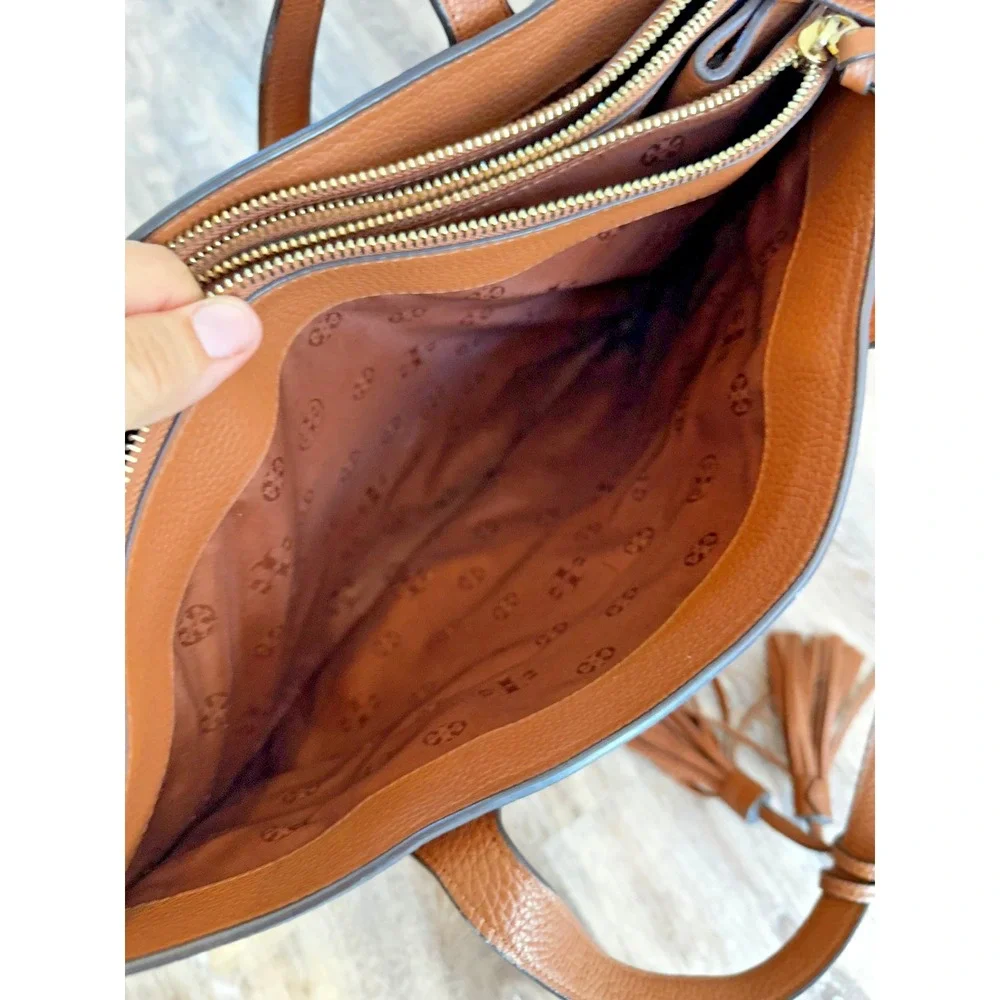 Tory Burch Thea Brown Leather Tote Tassels Purse Multi Pocket Shoulder Bag